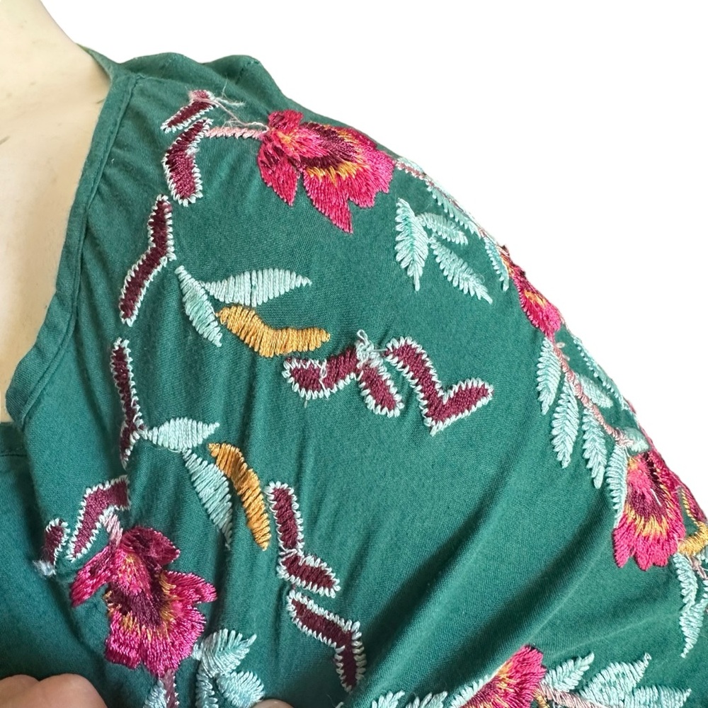 Free People Green Embroidered 3/4 Bell Sleeve Babydoll Boho Mini Dress Small - Picture 7 of 13